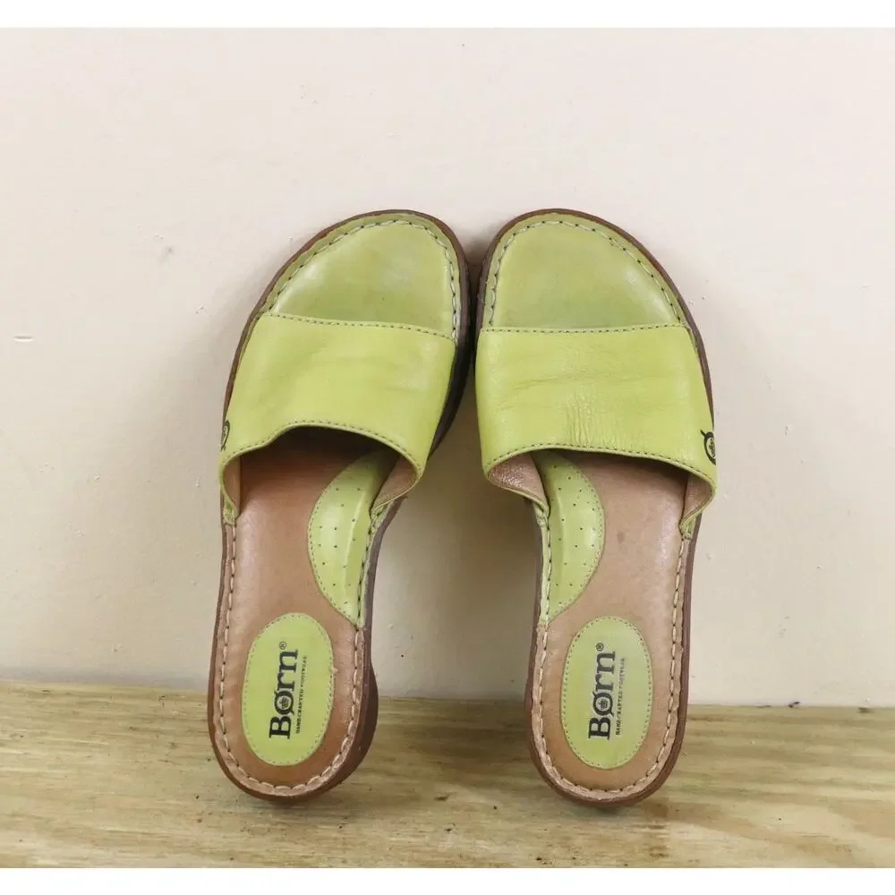 Born Sandals Womens 6 Lime Green Leather Wedge Shoes Slip On - Picture 4 of 8